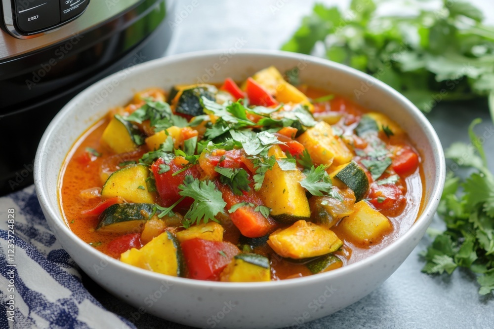 Vegetable Curry in Bowl with Fresh Herbs Garnish Vegetable Curry in Bowl with Fresh Herbs Garnish