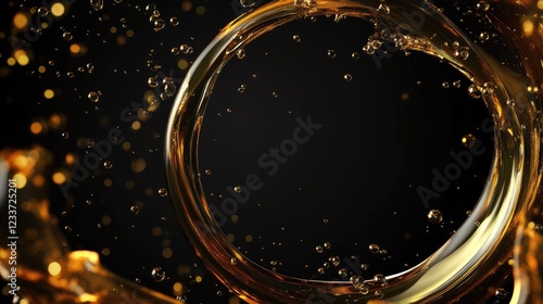 Oil drops splash, Oil circle droplets with realistic liquid bubbless. falling oil drops with splashing gold liquid photo