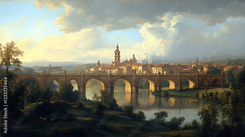 River bridge, town, sunset, landscape, painting, historical, travel, tourism, artwork, Europe River bridge, town, sunset, landscape, painting, historical, travel, tourism, artwork, Europe