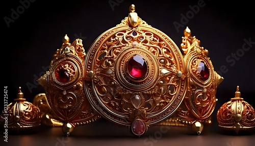 Wallpaper Mural Ornate golden objects, with intricate designs and some with gems, are displayed on a dark background (1) Torontodigital.ca