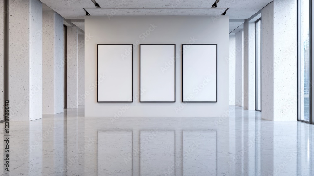 Fototapeta premium Minimalist gallery interior with three empty frames on the wall.
