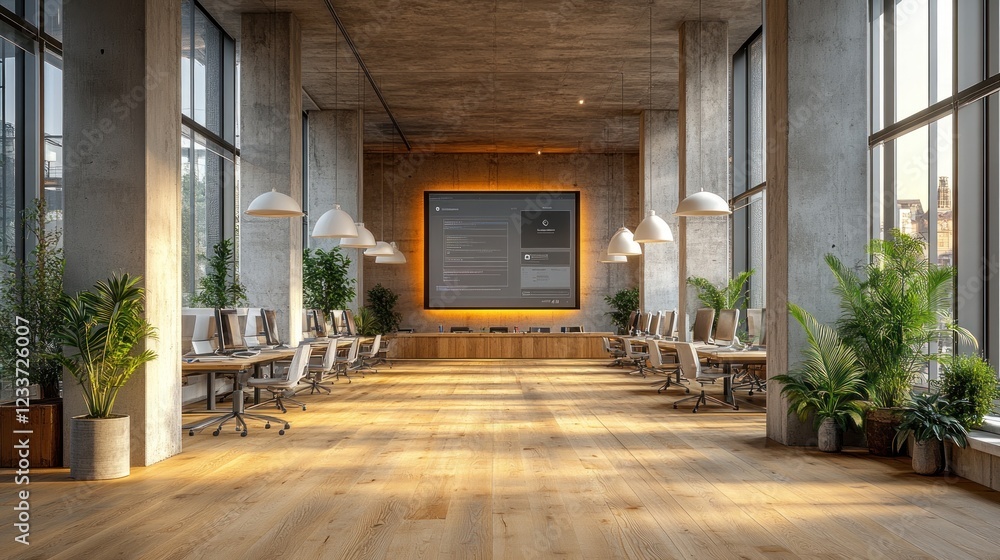 Modern open plan office space with large windows, wooden floors, and plants. Modern open plan office space with large windows, wooden floors, and plants.
