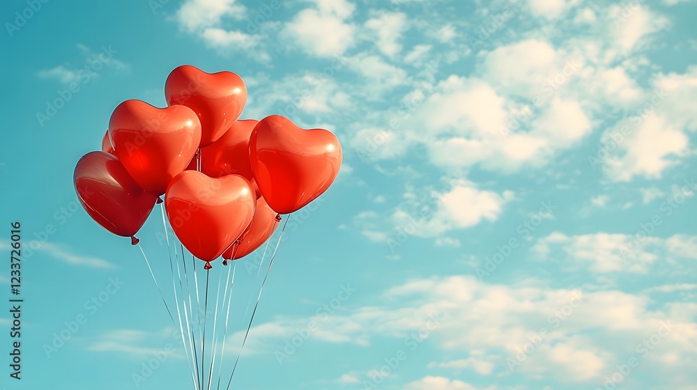 Red Heart Shaped Balloons Floating in Cloudy Blue Sky Romantic Red Heart Shaped Balloons Floating in Cloudy Blue Sky Romantic