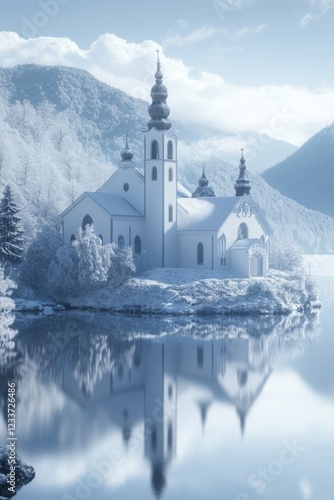 Wallpaper Mural Church and winter forest covered by heavy snow over still lake water. Torontodigital.ca