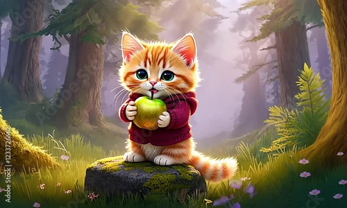 Cute kitten with an apple in a forest photo