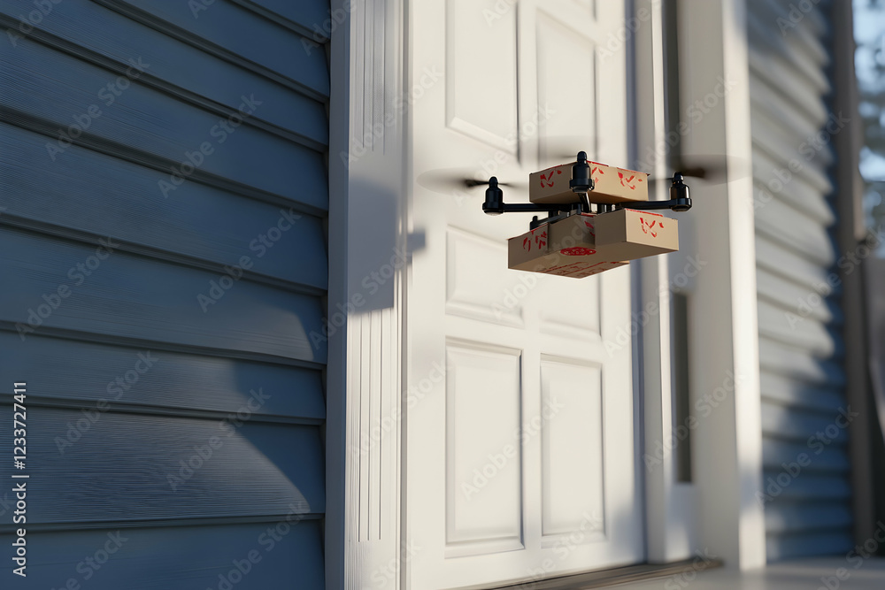 Drone delivering pizza boxes to a house with a sunlit porch background Drone delivering pizza boxes to a house with a sunlit porch background