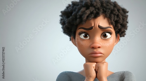 A 3D-style portrait of a young adult African woman, depicted as a cartoon character, deep in thought with a questioning and doubtful expression. photo