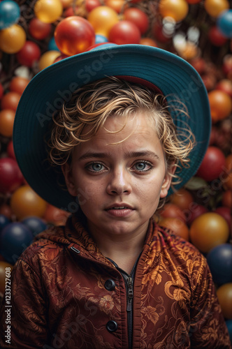 Beautiful Realistic Portrait of a Handsome Toddler Boy with Blonde Hair and Blue Eyes, Wearing a Stylish Hat and Floral Jacket, Surrounded by Colorful Balloons, generative AI