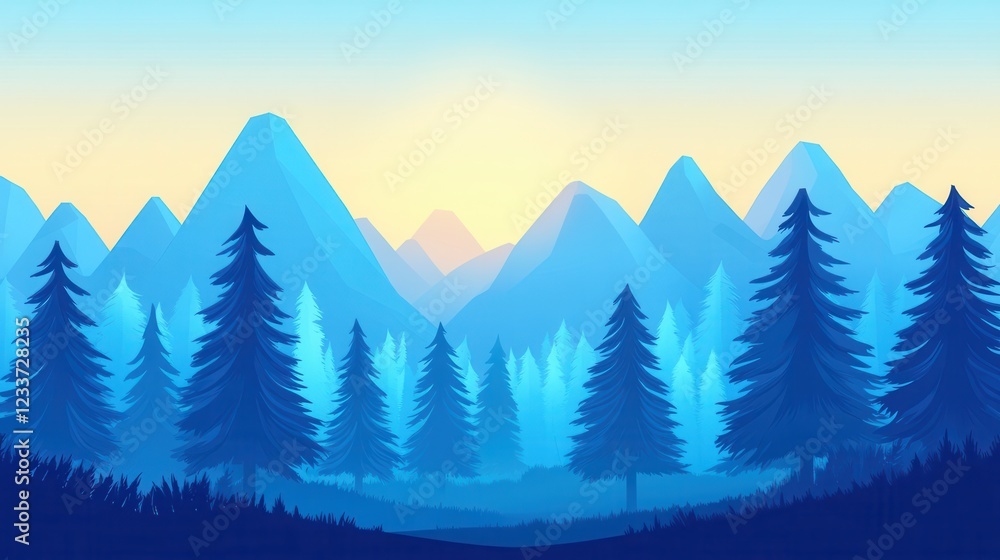 Fototapeta premium Tranquil Blue Mountain Landscape with Pine Trees at Sunrise