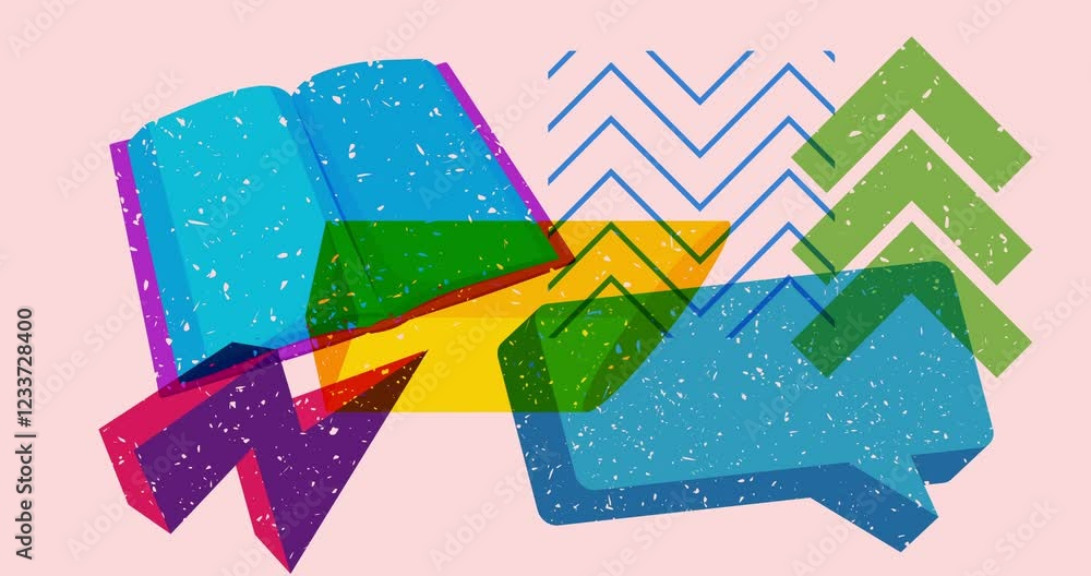 Risograph book and speech bubble with geometric shapes animation. Moving object in trendy riso graph design video.