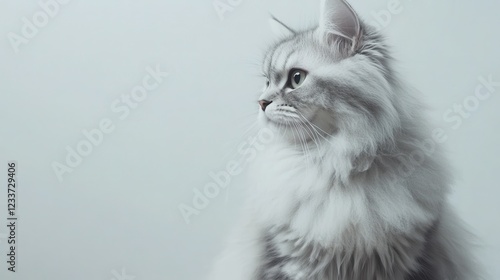 A beautiful long-fur grey cat sits elegantly against a white background, showcasing its fluffy coat in a studio shot. photo