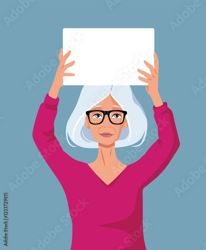 Older Woman Holding a Blank Sign Vector Cartoon Character. Elder lady with cardboard for presentation of a promotional deal
