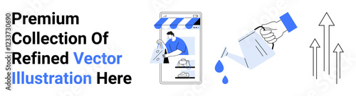 Mobile storefront, watering can nurturing growth, and upward arrows for success. Ideal for business development, e-commerce, digital growth, marketing, strategy, innovation flat landing page banner