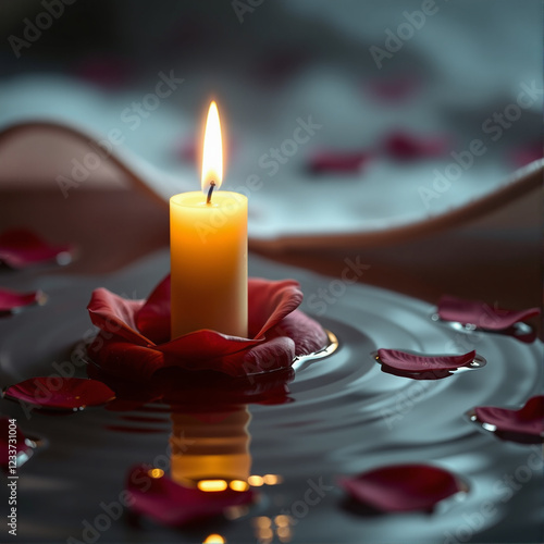 Romantic lit candle resting on a soft rose petal, gently floating above calm water. Serene and intimate ambiance. Perfect for Valentine's Day, weddings, love-themed events, and special occasions