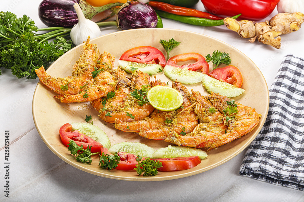 Grilled prawn served lime and vegetables Grilled prawn served lime and vegetables