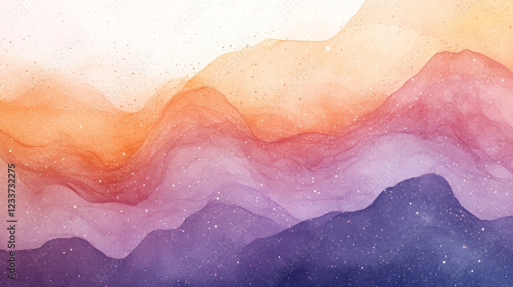 Fototapeta premium abstract watercolor background with a mountain range painted in shades of pink, orange, yellow, and purple, with hints of glittery sparkle. 