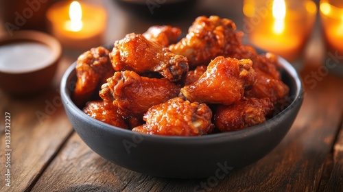 A bowl of crispy fried chicken wings is served on a rustic wooden table, illuminated by candlelight, creating a cozy and indulgent atmosphere centered around this tempting, unhealthy food. photo