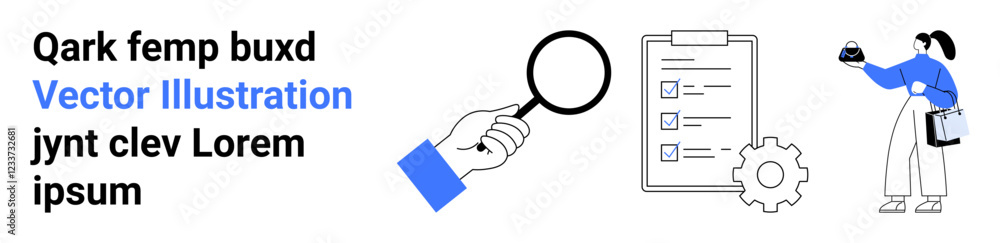 Hand with magnifying glass, checklist with gear for task management, and person holding data point. Ideal for analysis, research, planning, productivity, management, teamwork flat landing page Hand with magnifying glass, checklist with gear for task management, and person holding data point. Ideal for analysis, research, planning, productivity, management, teamwork flat landing page