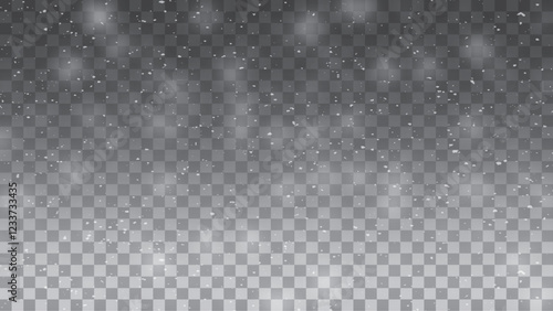 Falling snowflakes with blurry snow particles on dark transparent background. Realistic falling snow stock illustration
