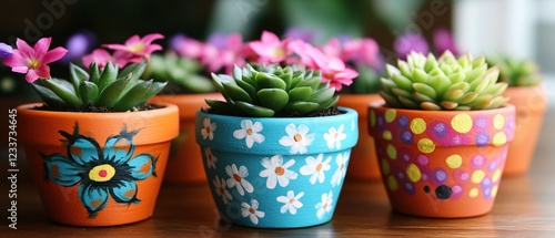 Colorful painted pots with succulent plants and small pink flowers on a wooden surface