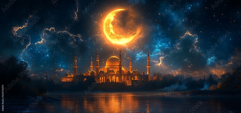 Fototapeta premium Enchanted palace beneath a luminous crescent moon
