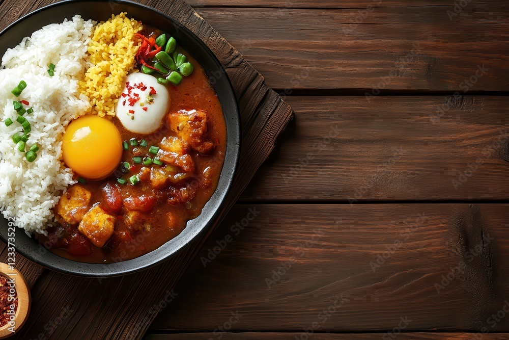 Spicy Curry Rice Bowl, egg yolk, wood background, food photography, recipe Spicy Curry Rice Bowl, egg yolk, wood background, food photography, recipe