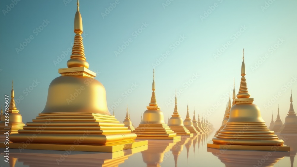 Naklejka premium This minimalist photograph highlights golden stupas in Myanmar, gleaming under the clear blue sky. The stupas represent the spiritual heart of Buddhism, showcasing the architectural splendor
