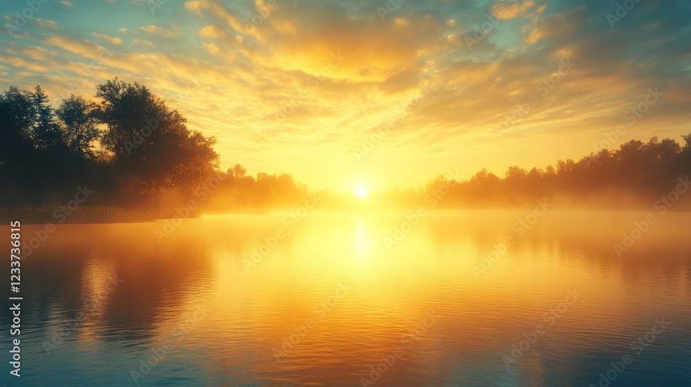 Obraz premium a stunning sunrise over a misty lake. The sun casts a warm, golden glow over the water, creating a serene and tranquil scene. 