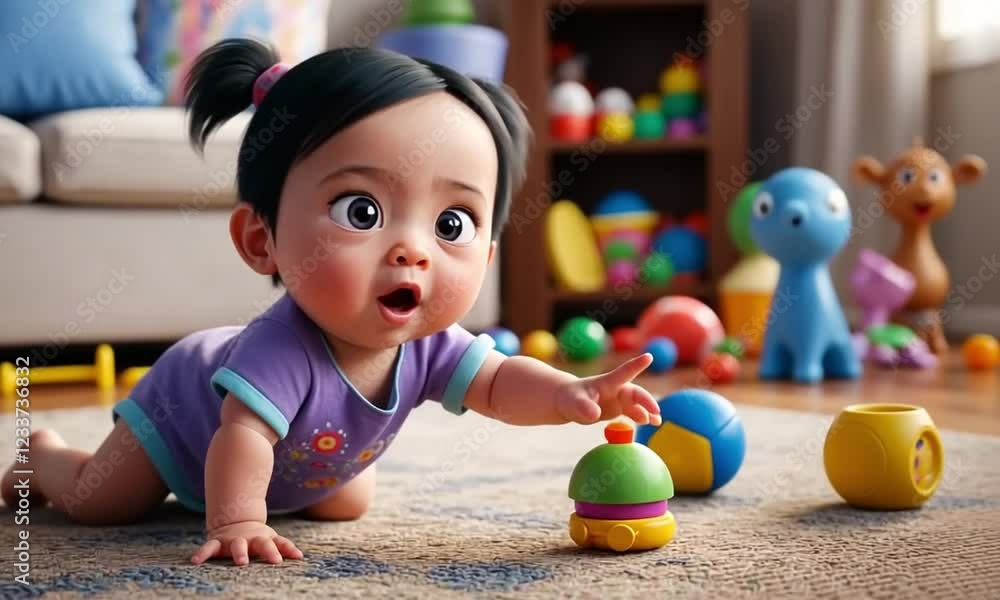 Baby Reaching for Toy in a Cozy Living Room Baby Reaching for Toy in a Cozy Living Room