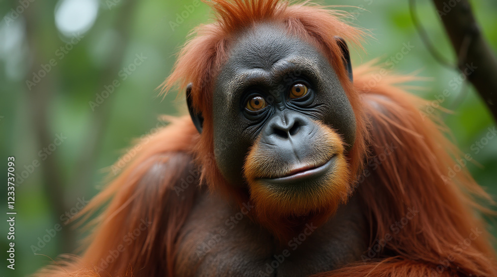 Portrait of a cute, smiling orangutan looking at the camera. A happy expression. Making a face. Native jungle habitat in the background. Endangered species. Indonisia and Malasia. A gentle giant. Portrait of a cute, smiling orangutan looking at the camera. A happy expression. Making a face. Native jungle habitat in the background. Endangered species. Indonisia and Malasia. A gentle giant.