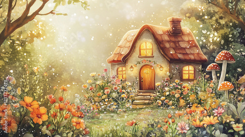 Wallpaper Mural A painting of a house in a magical forest, A panoramic view of a flower-filled garden with beautiful house and mushroom shapes, Watercolor design garden with blooming flowers. Torontodigital.ca