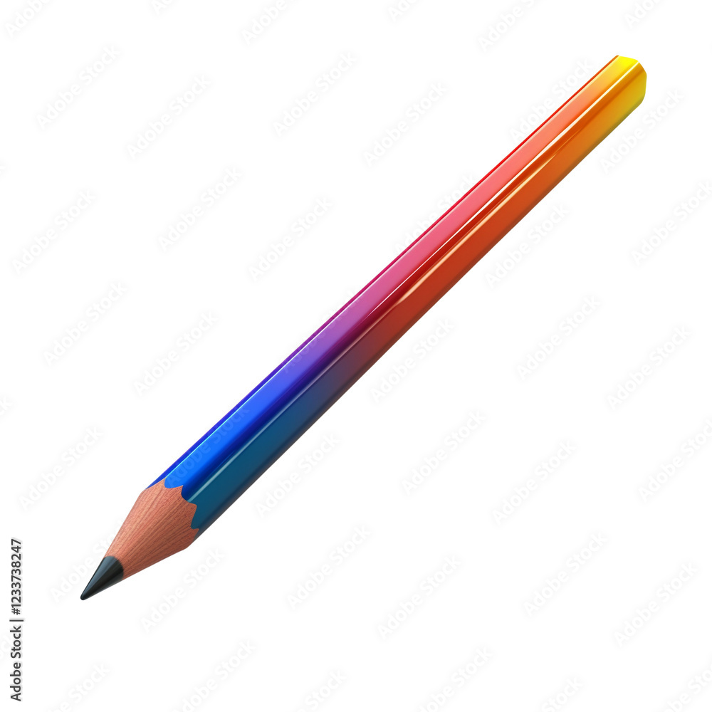 The image shows a single sharpened colored pencil with a rainbow gradient effect on a black background. The image shows a single sharpened colored pencil with a rainbow gradient effect on a black background.