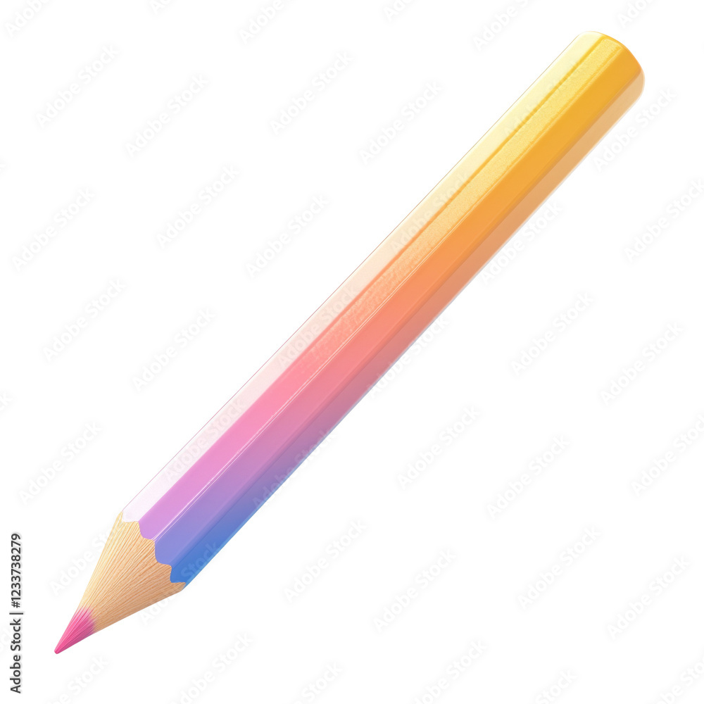 The image shows a single, brightly colored pencil with an ombre effect transitioning from pink to yellow. The image shows a single, brightly colored pencil with an ombre effect transitioning from pink to yellow.
