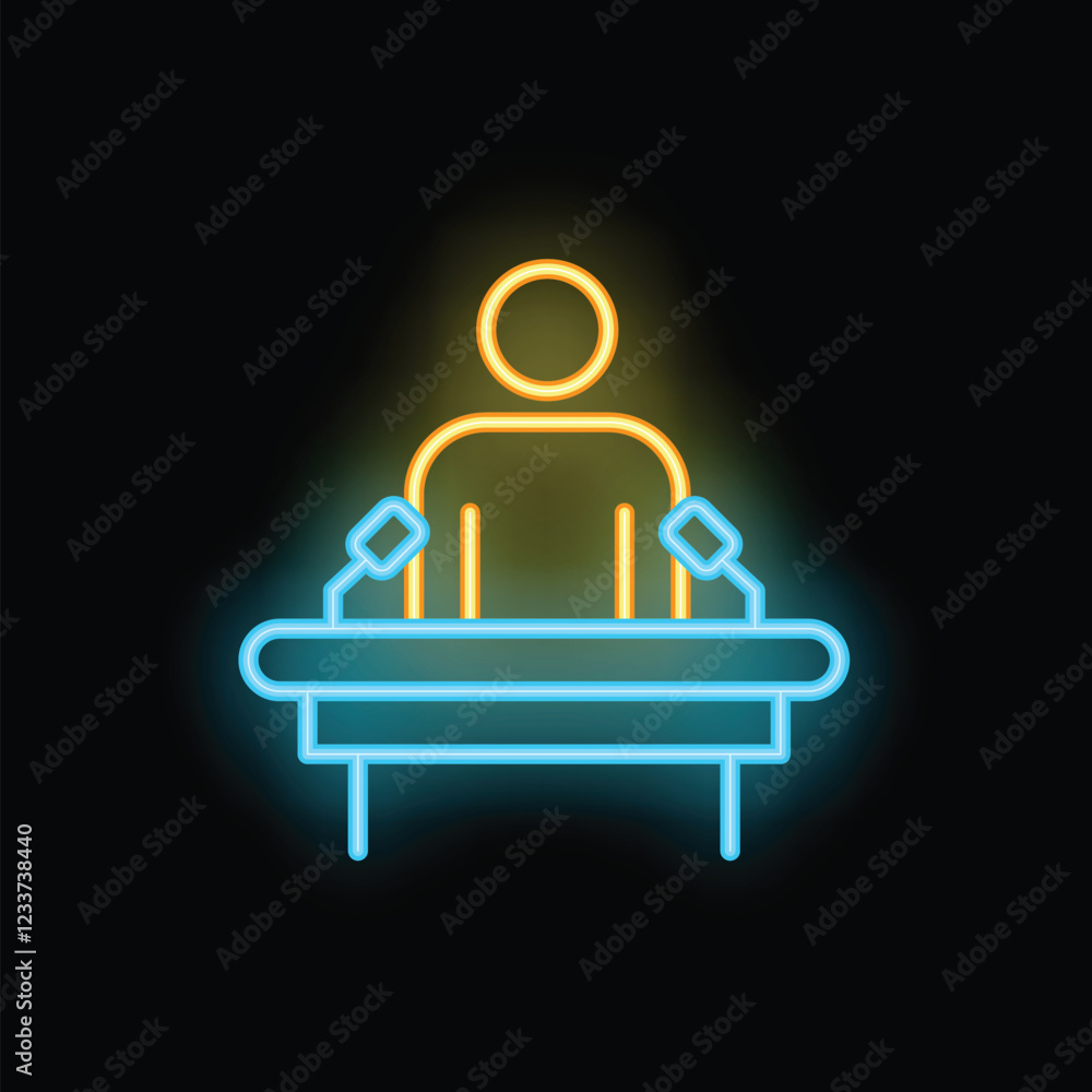Neon sign of a politician speaking from a tribune during a political meeting or debate Neon sign of a politician speaking from a tribune during a political meeting or debate