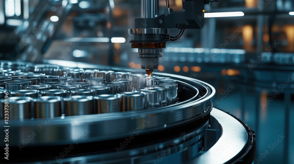 Advanced machinery filling cans on an assembly line in a high-tech environment, symbolizing efficiency and precision in food processing Advanced machinery filling cans on an assembly line in a high-tech environment, symbolizing efficiency and precision in food processing