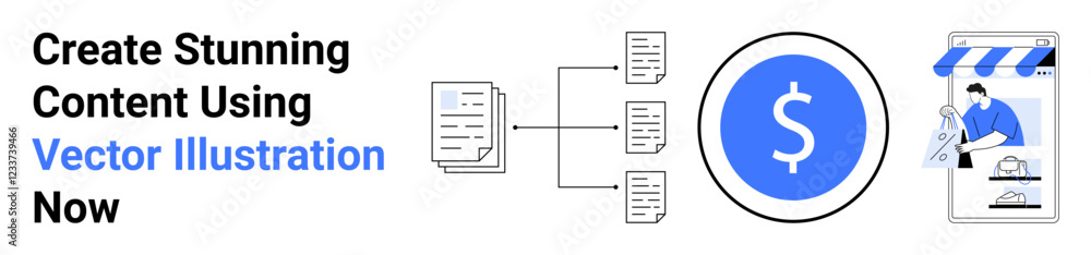 Documents connect to central workflow, leading to a dollar icon and storefront graphic. Ideal for digital marketing, e-commerce, workflow, monetization, finance, business strategy, flat landing page Documents connect to central workflow, leading to a dollar icon and storefront graphic. Ideal for digital marketing, e-commerce, workflow, monetization, finance, business strategy, flat landing page