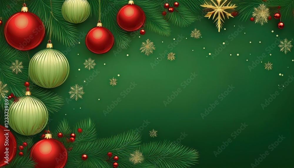Naklejka premium Enchanting Christmas Wallpaper Featuring a Green Background and Abundant Holiday Decorations, Perfect for Digital Art, Home Decor, or Design Inspiration