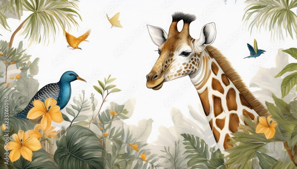 Naklejka premium Vibrant Tropical Mural Art for Kids Rooms Giraffe, Bird, and Leopard Design Amidst Lush Greenery and Exotic Flowers in a Sunlit Jungle