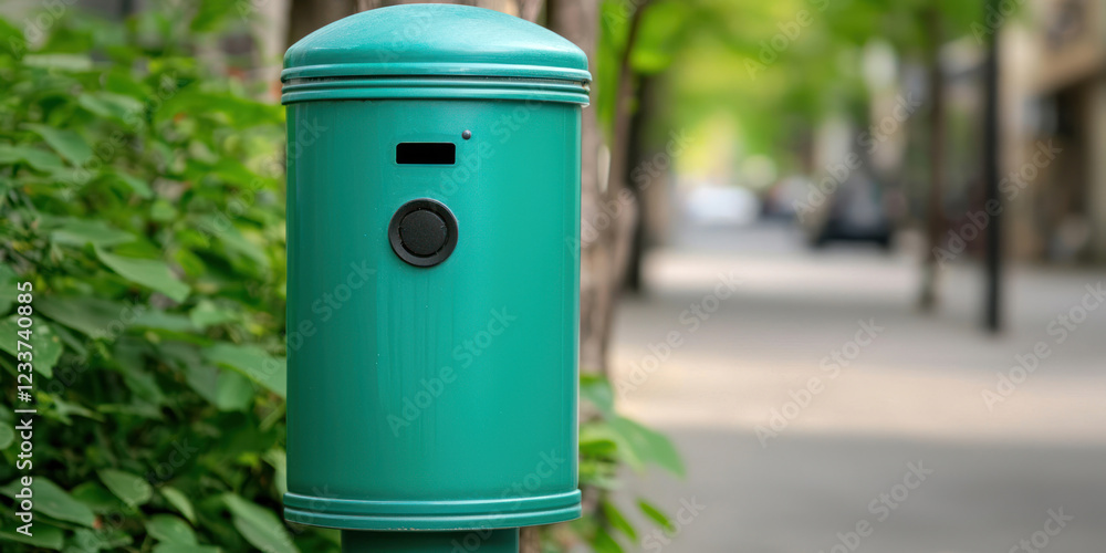 Fototapeta premium vibrant green mailbox stands amidst lush greenery, adding charm to urban landscape