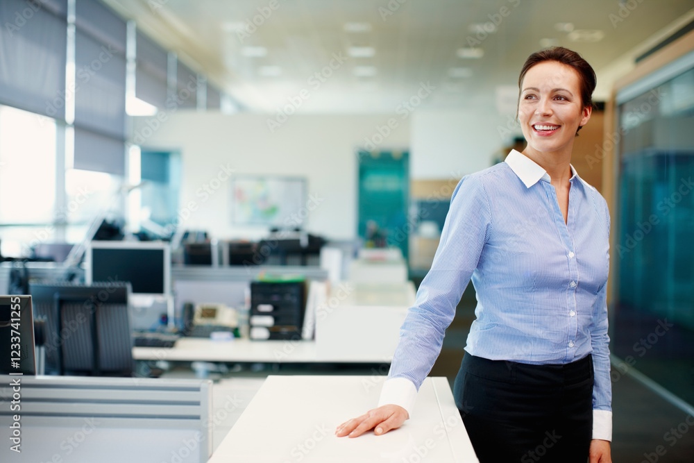 Business, thinking and woman in office, smile and problem solving with solution. Happy person, employee and consultant in workplace, pride and career ambition with ideas, choice and decision Business, thinking and woman in office, smile and problem solving with solution. Happy person, employee and consultant in workplace, pride and career ambition with ideas, choice and decision