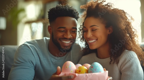 Couple smiles, Easter eggs, home, spring