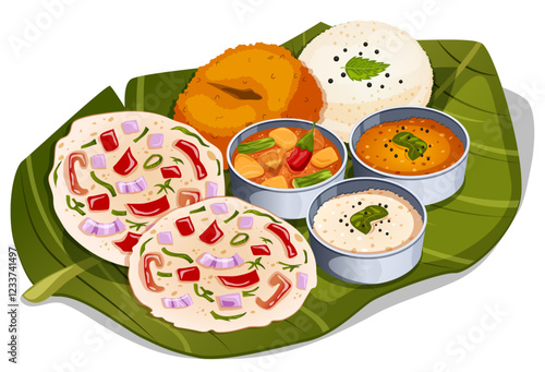 Uttapam, Idli and Vada Served with Sambar, Kara and Coconut Chutneys on Banana Leaf. Authentic Tamil Nadu Sadhya Illustration