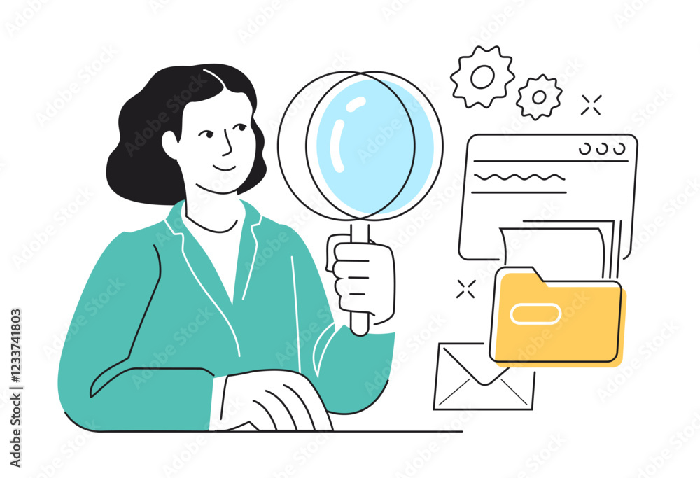 Woman with magnifying glass checking information. Conducting document audit, accounting, search or research Woman with magnifying glass checking information. Conducting document audit, accounting, search or research