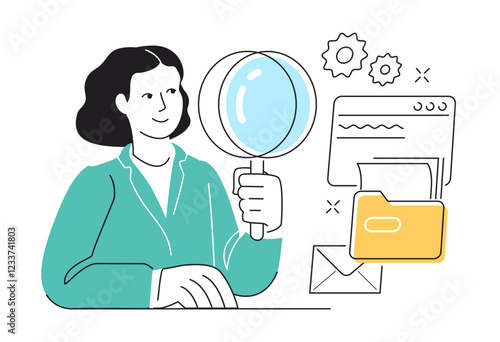 Woman with magnifying glass checking information. Conducting document audit, accounting, search or research