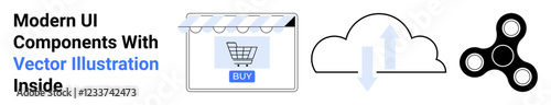 Shopping cart storefront with purchase button, cloud upload-download sync, and black fidget spinner. Ideal for UIUX, technology, retail, cloud storage, gadgets, marketing flat landing page banner