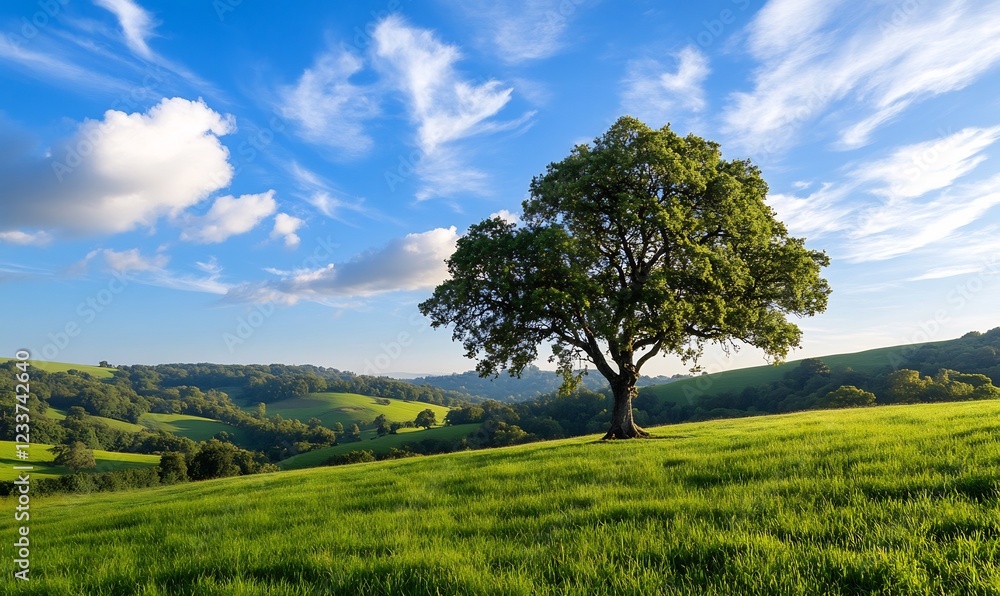 Lone tree in green valley, sunny day. Peaceful countryside scene, nature background Lone tree in green valley, sunny day. Peaceful countryside scene, nature background