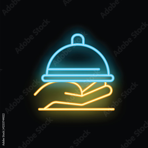 Neon glowing icon of a hand holding a serving tray with a lid, representing food delivery or restaurant service