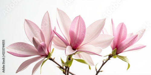 A delicate magnolia blooms with soft pink petals encircling a paler heart, gracefully tilting to the left in an enchanting dance with light photo