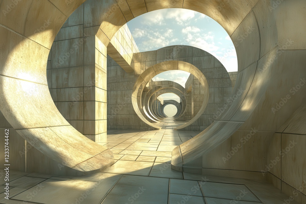 Obraz premium Circular stone pathway, futuristic architecture, sunny sky, design concept
