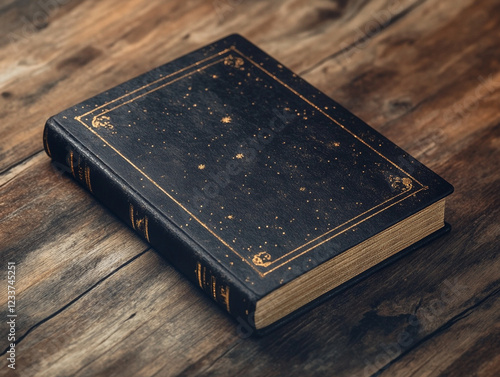 Celestial Bound: A vintage, black leather-bound book rests upon a rustic wooden table, its cover adorned with delicate constellation patterns in gold. photo